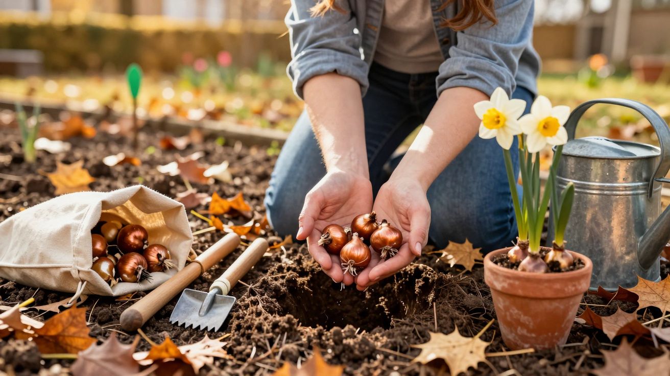 Tuinier plant bloembollen in de herfsttuin, naast gieter, schep en bloempot met narcissen.