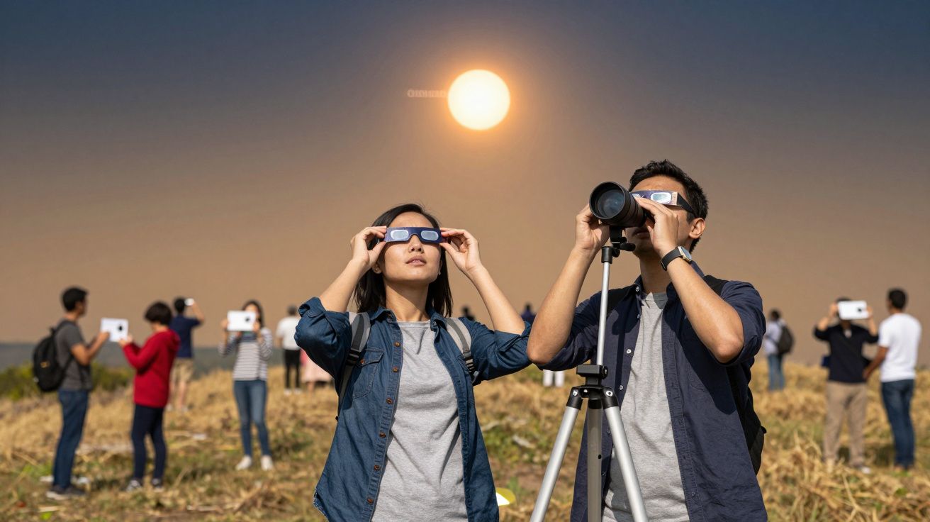 Mensen kijken naar een zonsverduistering met een telescoop en speciale brillen op een open veld bij zonsondergang.
