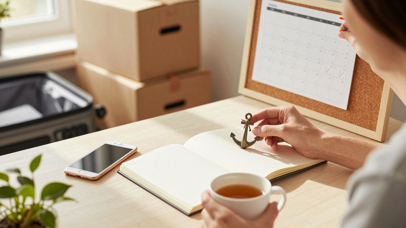 Persoon houdt ankerfiguur vast, met open notitieboek en thee op tafel, smartphone en dozen op achtergrond.
