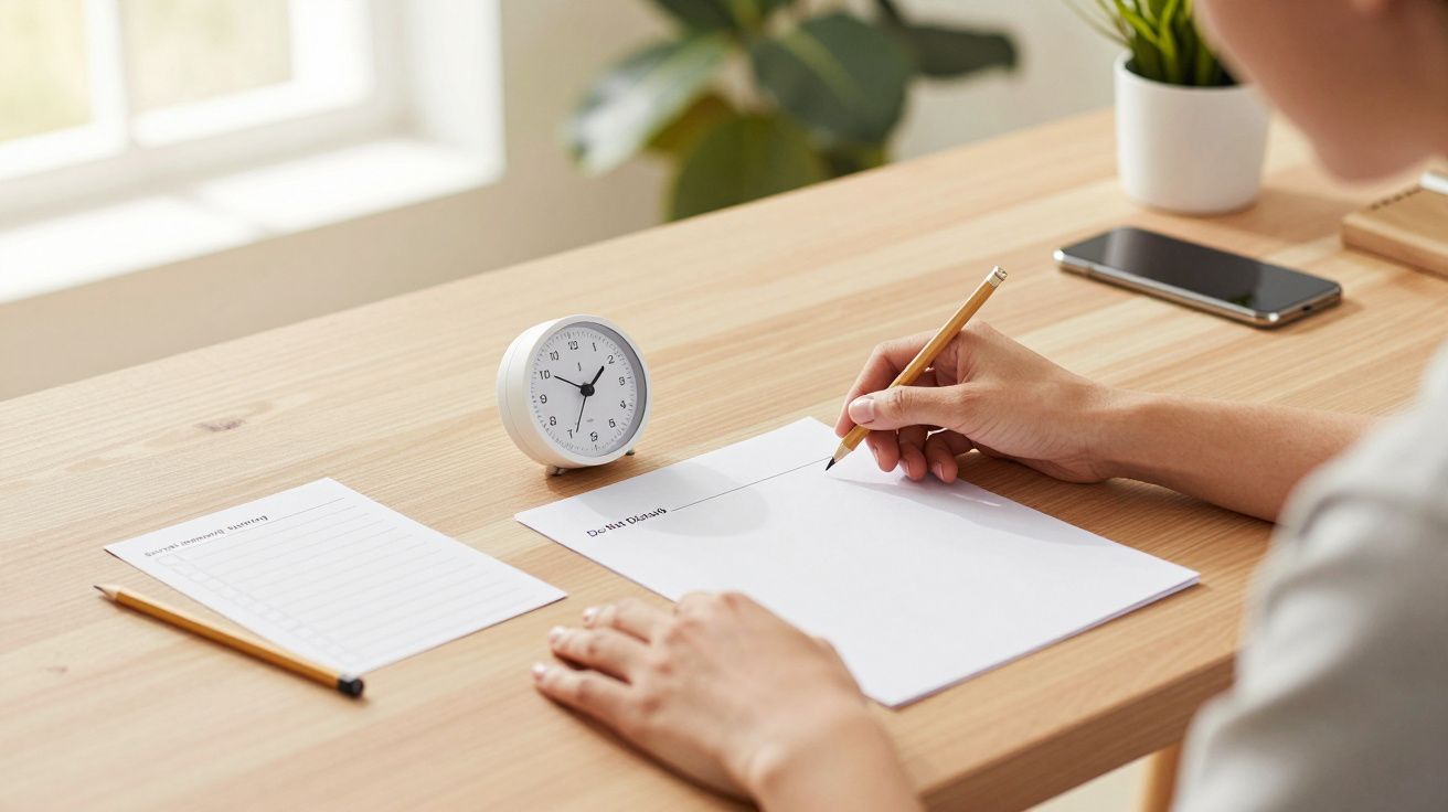 Persoon schrijft een brief aan een houten bureau met kladblok, klok, en smartphone naast een plant.
