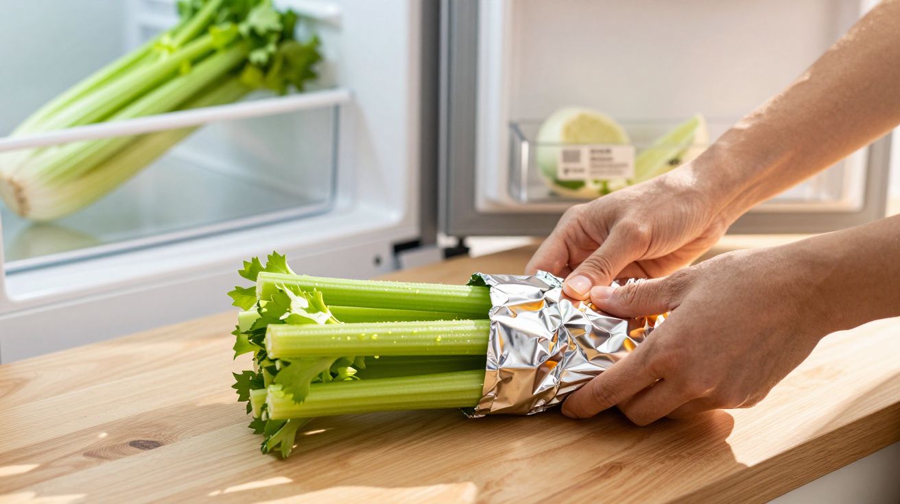Handen wikkelen verse bleekselderij in aluminiumfolie op een houten tafel bij een open koelkast.