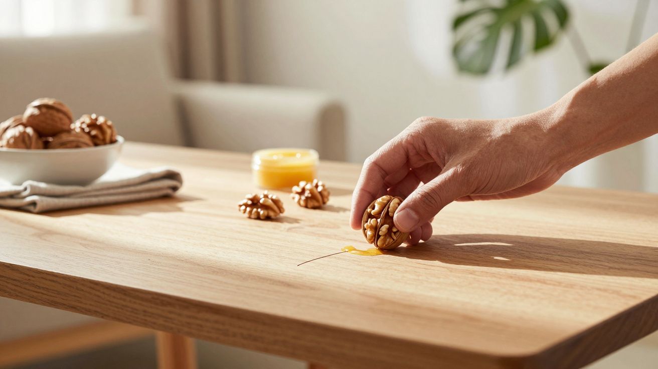 Hand plaatst walnoot op tafel met honingdruppel, kom met walnoten in de achtergrond.