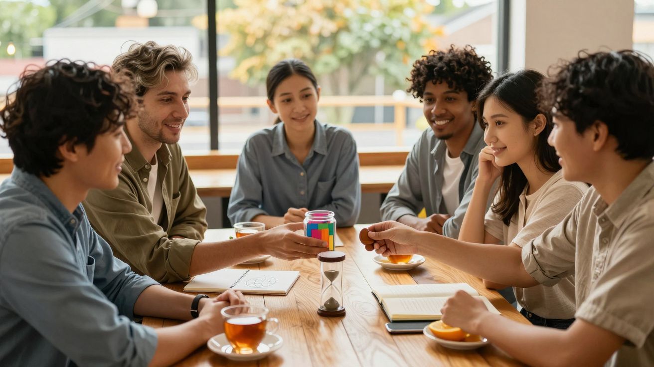 Groep mensen die rond een tafel zitten en samen een kleurrijk blokkenpuzzel spelen, met thee en een zandloper.