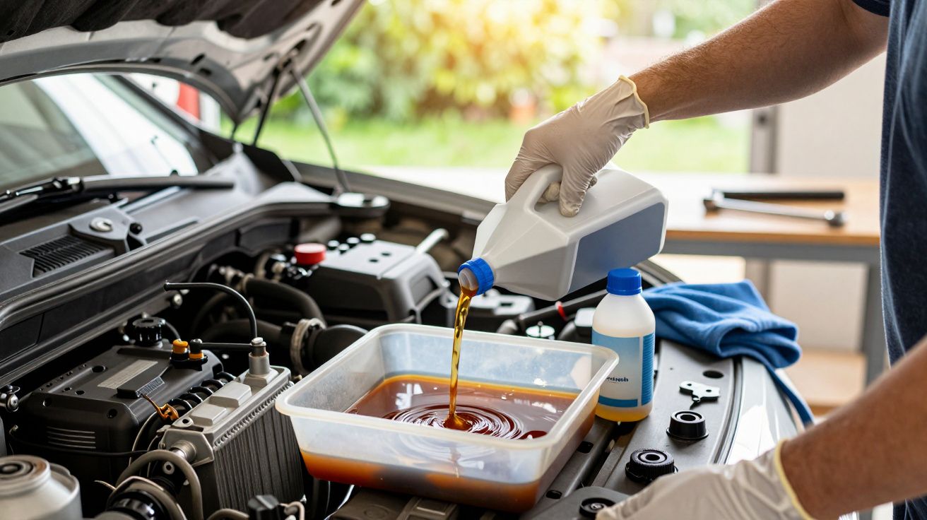 Persoon giet motorolie in bak onder motorkap van auto, plastic fles en doek opzij.