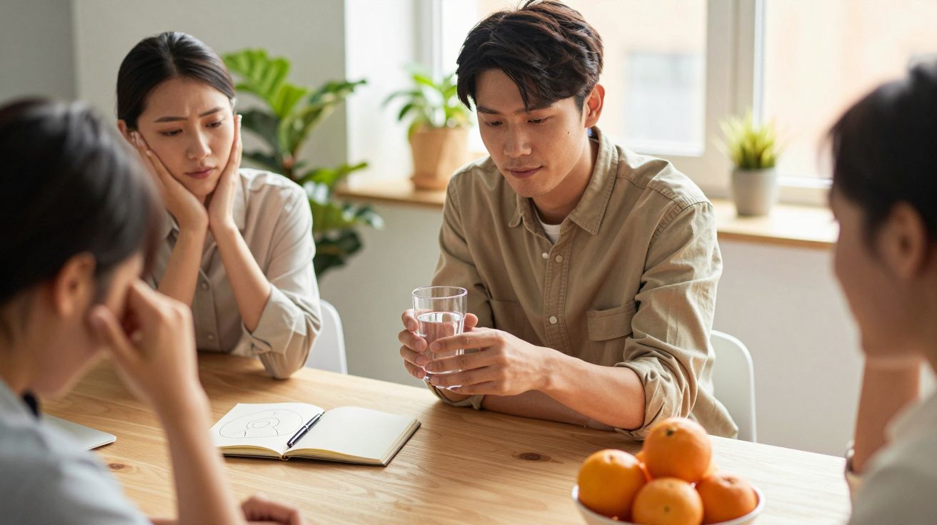 Vier mensen zitten aan tafel met fruit en notities, man houdt glas water vast, iedereen lijkt serieus.