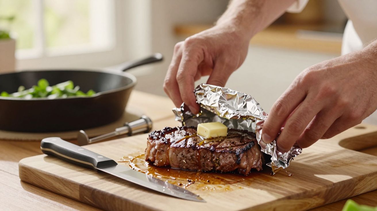 Een gegrilde steak met boter op een houten plank, omwikkeld met aluminiumfolie; keukenmes ligt ernaast.