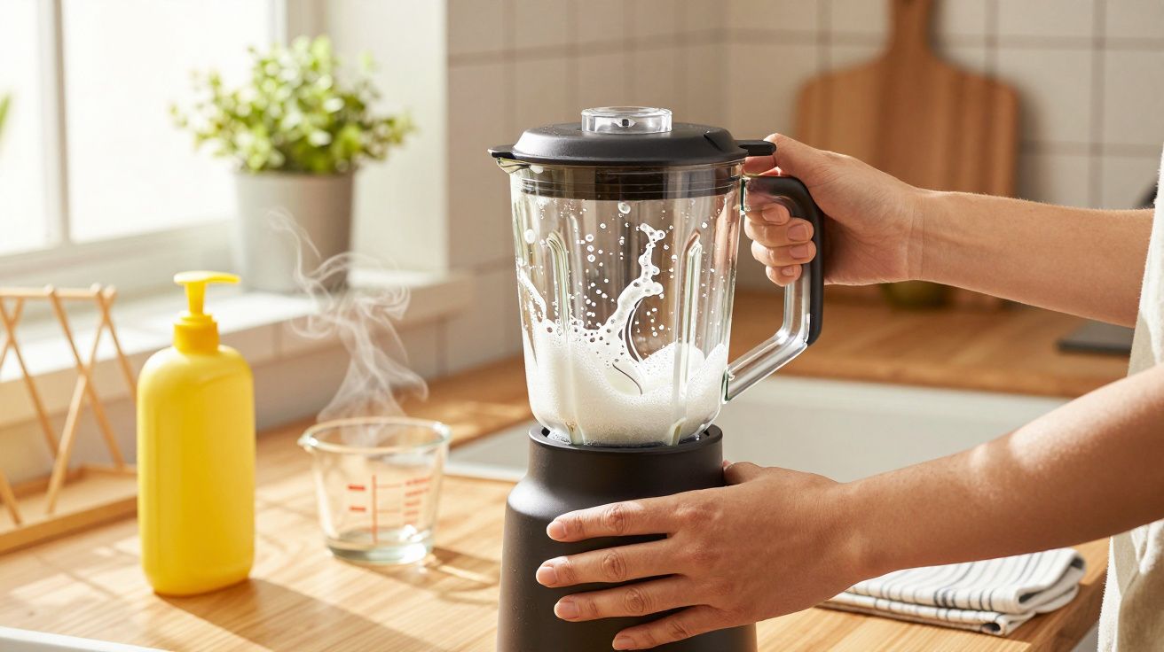 Persoon gebruikt een blender op een houten aanrecht; plant en gele fles op de achtergrond.