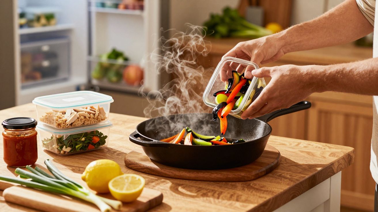 Persoon voegt kleurrijke groenten toe aan een hete koekenpan; keuken met ingrediënten op houten aanrecht.