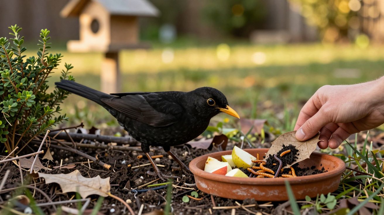 Merel in tuin eet fruit en wormen uit een terracotta schotel, terwijl een hand voedsel aanreikt.