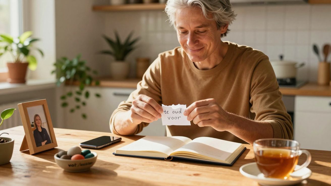 Man zit aan tafel met open boek, glimlacht en houdt papiertje vast. Op tafel een kopje thee, telefoon en fotolijstje.