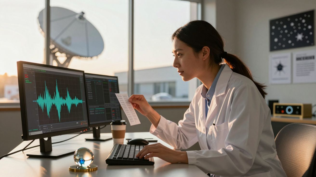 Vrouwelijk onderzoeker in laboratorium bekijkt gegevens op computer en papieren notitie, met satellietschotel op de achtergro