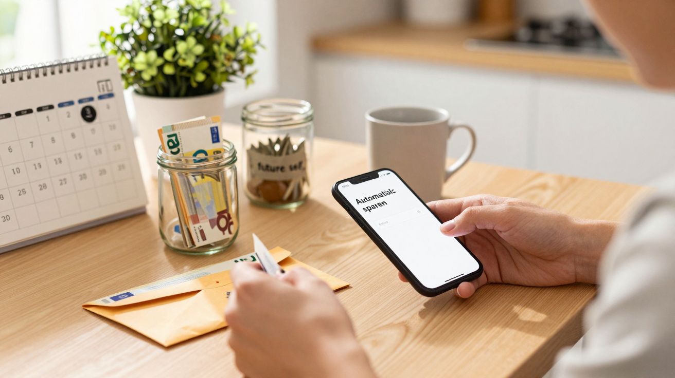 Persoon houdt smartphone en pen bij tafel met envelop, pot met geld en kalender.