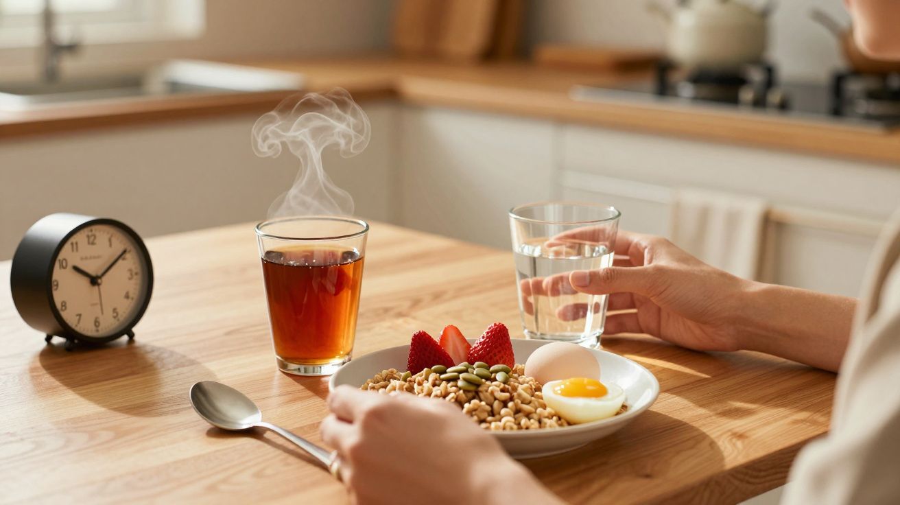 Hand met glas water, ontbijt met granen, ei, aardbeien en thee op houten tafel, klok op achtergrond.