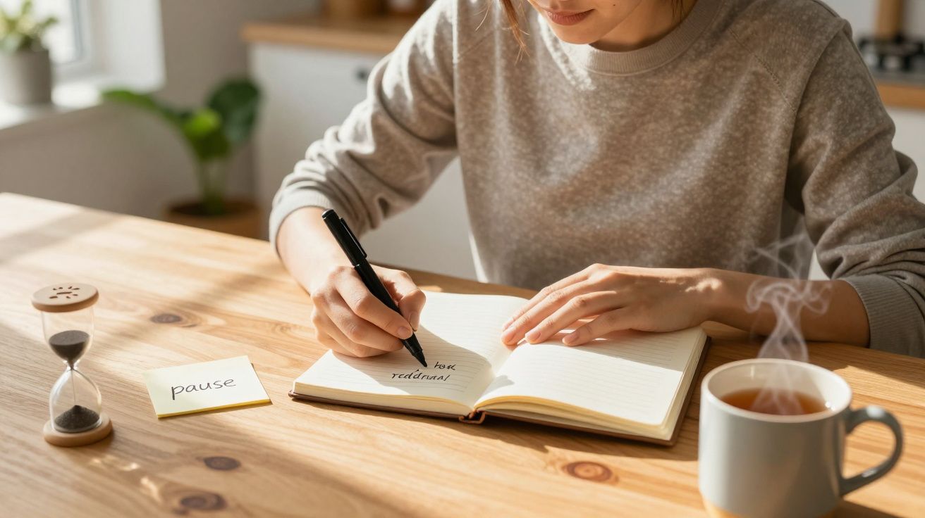Persoon schrijft in notitieboekje aan houten tafel met zandloper, kleefnotitie en dampende mok thee.