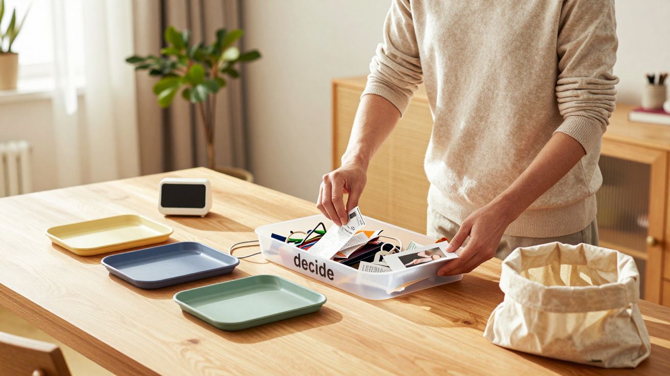 Persoon sorteert papieren in bakje met label "decide" op houten tafel met kleurrijke schalen en stoffen zak.